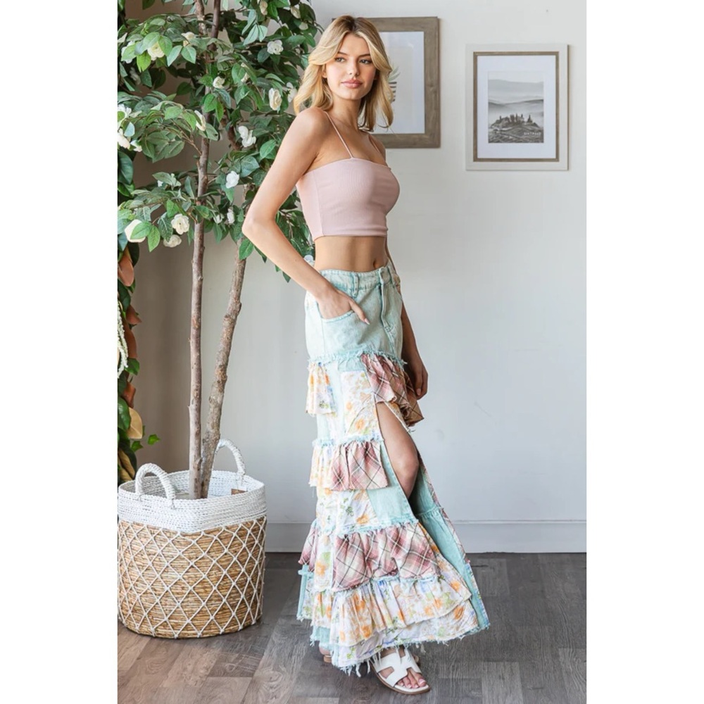 Oli & Hali Floral + Plaid Patchwork Ruffled Denim Maxi - Picture 9 of 11
